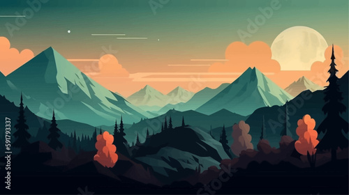 Mountain peak view landscape with sunrise soft light. Flat 2d vector illustration background