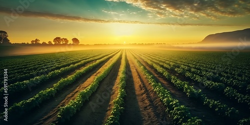 Irrigation system on agricultural soybean field, rain gun sprinkler on helps to grow plants in the dry season, increases crop yields. Landscape beautiful sunset. generative AI.