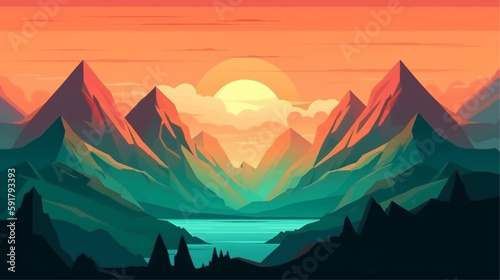 Mountain peak view landscape with sunrise soft light. Flat 2d vector illustration background