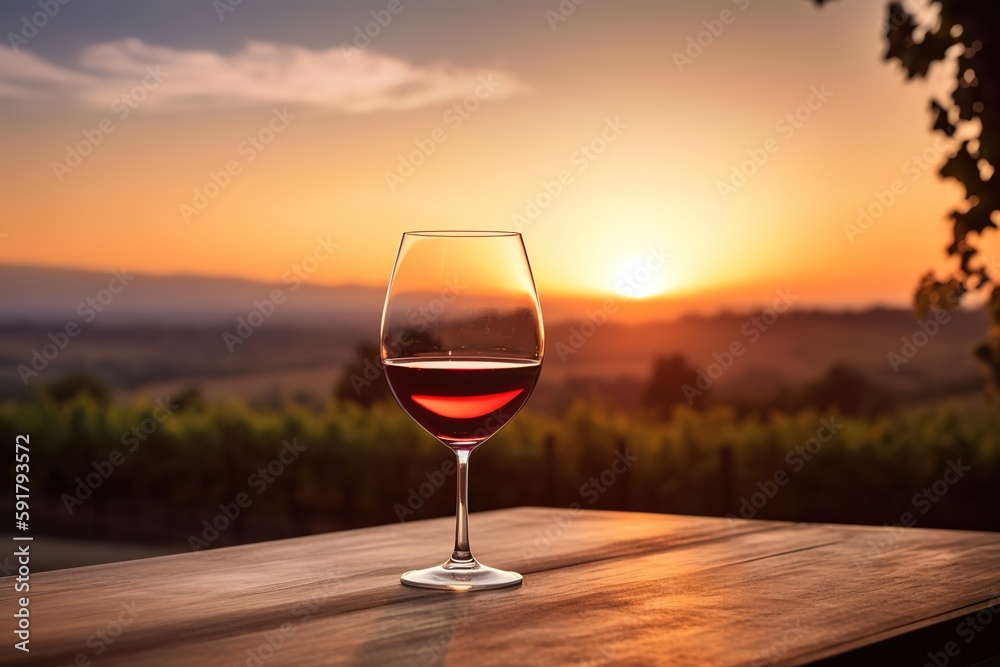 A glass of red wine on an outdoor patio table, overlooking a breathtaking vineyard landscape during a picturesque sunset