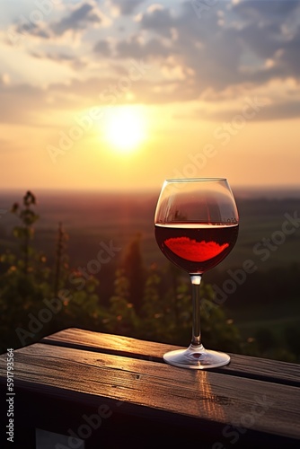 A glass of red wine on an outdoor patio table, overlooking a breathtaking vineyard landscape during a picturesque sunset