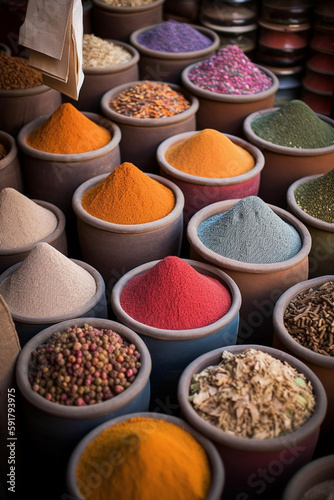 Colorful spices at a traditional market. Generative AI