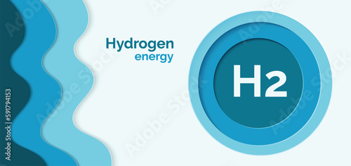 Hydrogen symbol in a blue circle on a  white and blue background. Paper cut . Banner template for a website.  Hydrogen energy. Н2. Green hydrogen logo. Clean energy. Vector illustration