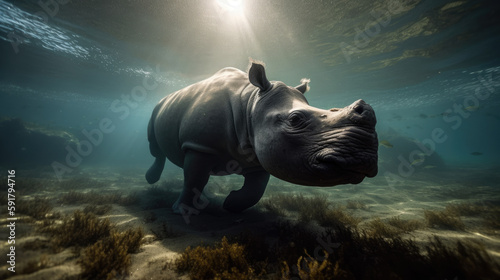 Rhinoceros under water. Generative AI