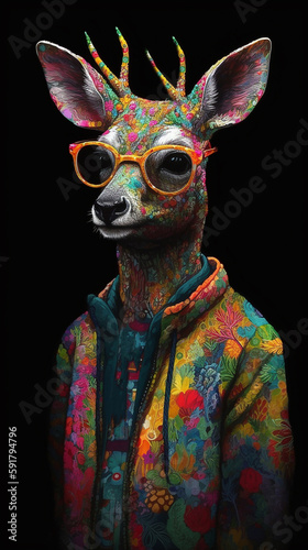 Anthropomorphic Deer Wearing Sunglasses On A Black Background With Colorful Dress In Painting Style Generative Ai Digital Illustration Part#120423