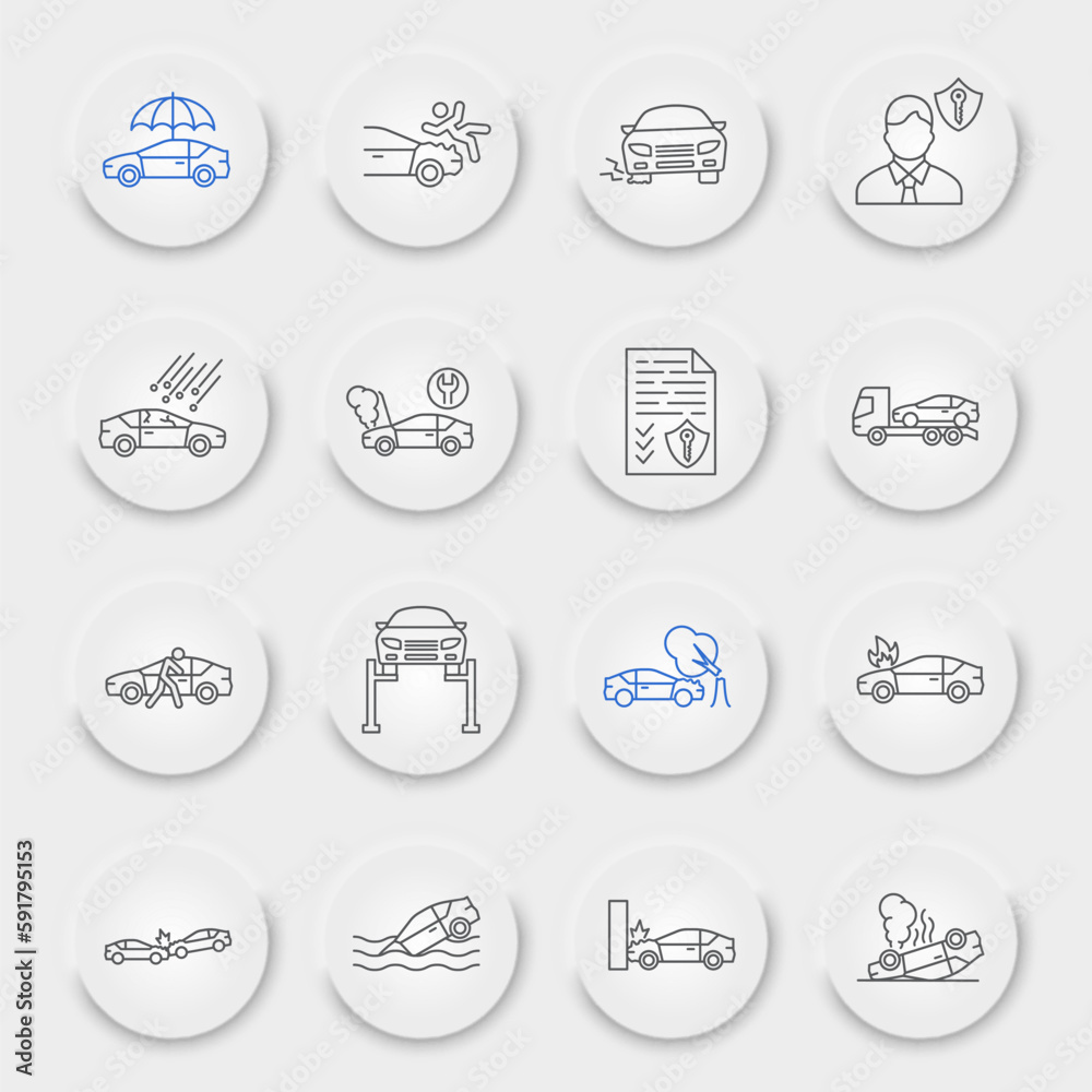 Car insurance line icon set, car accident collection, vector graphics, neumorphic UI UX buttons, car insurance vector icons, car crash signs, outline pictograms, editable stroke