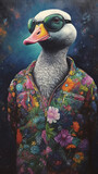 Anthropomorphic Goose Wearing Sunglasses On A Black Background With  Colorful Dress In Painting Style Generative Ai Digital Illustration Part#120423