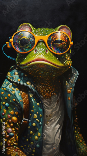 Anthropomorphic Frog Wearing Sunglasses On A Black Background With Colorful Dress In Painting Style Generative Ai Digital Illustration Part#120423