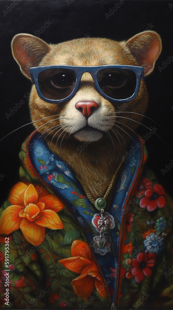 Anthropomorphic Jaguarundi Wearing Sunglasses On A Black Background With Colorful Dress In Painting Style Generative Ai Digital Illustration Part#120423