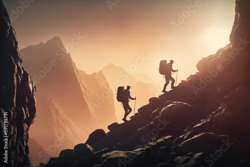 Conquering the Peaks: Inspiring Photo of a Hiker Pushing Through the Challenge of a Mountain Hike. Hiking. Background or wallpaper. Generative AI