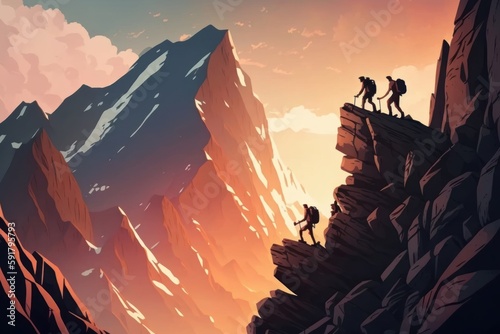 Conquering the Peaks: Inspiring Photo of a Hiker Pushing Through the Challenge of a Mountain Hike. Hiking. Background or wallpaper. Generative AI