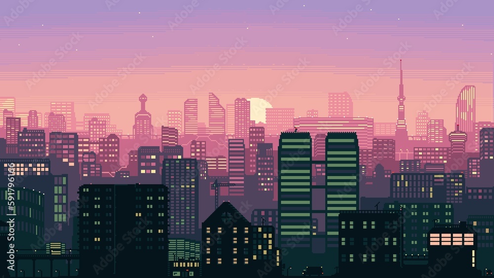 pixel art city sunset