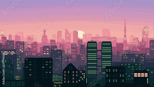 Fototapeta Naklejka Na Ścianę i Meble -  pixel art city sunset