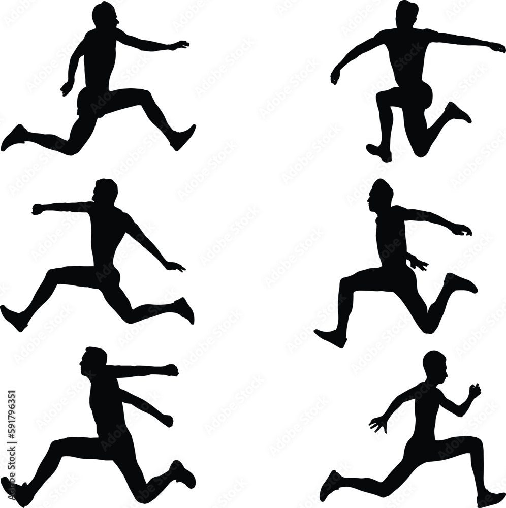 set black silhouette male athlete triple jump in athletics competition, summer sports games