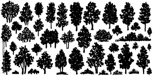 Trees sketch set. Hand drawn graphic forest. Vector illustration of different trees, shrubs and grass isolated on white background