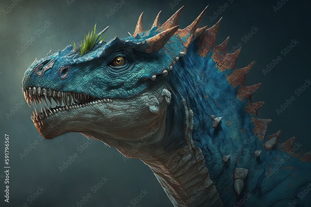 dinosaur with prominent head spikes in a close-up view. Generative AI dinosaur with prominent head spikes in a close-up view. Generative AI