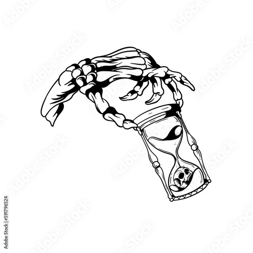 Hand drawn illustration of a skull hand holding an hourglass outline