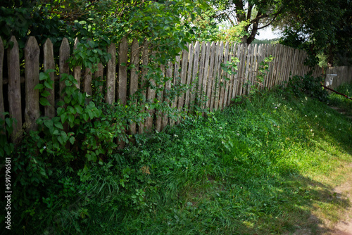 Vintage wooden fence at countyside summer sunny hot day in green bright grass rustic view