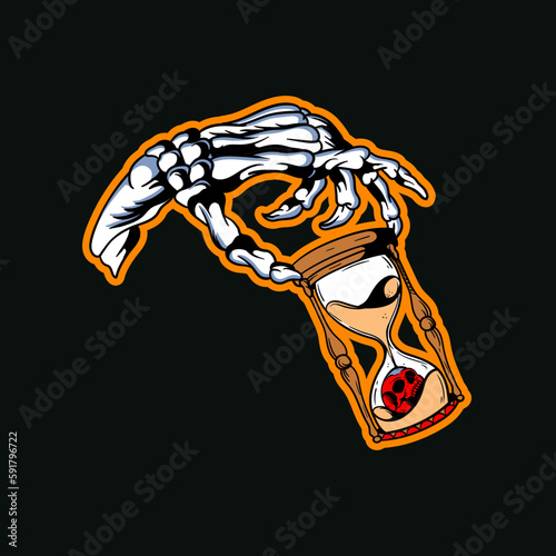 Hand drawn illustration of a skull hand holding an hourglass