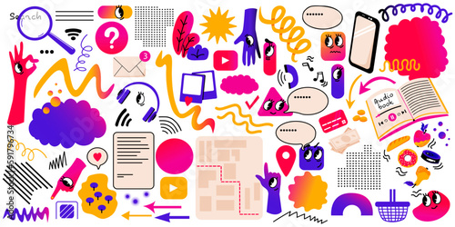 Set of abstract cute geometric elements. Concept of Social networks. Internet search. Entertaining content - foto, music. Chat, messaging, texting, call. Inbox message. Vector doodle illustration