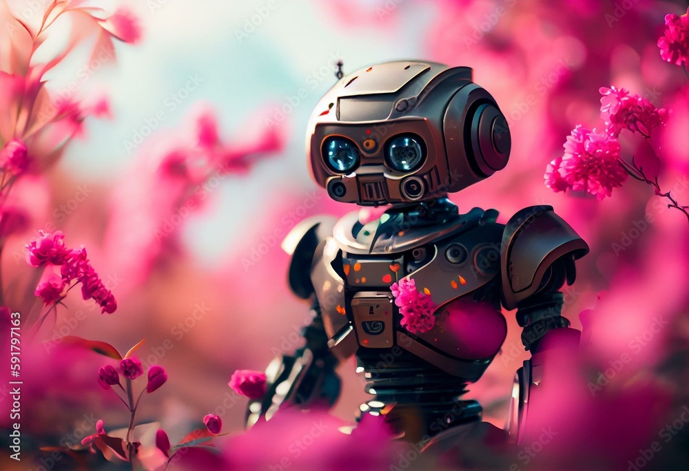 Cute pink android robot on a background of bright blooming spring flowers. Generative AI