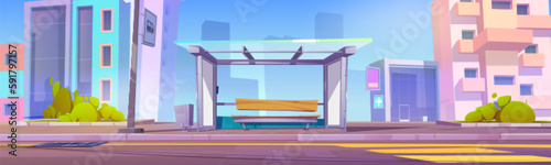 Street bus stop on city road vector background. Day light in town cartoon illustration. Empty pavement near transport station at summer. Panoramic cityscape