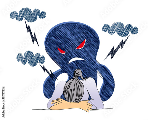 A character experiencing schizophrenia and hallucinations perceived apparitions of ghosts, spirits, and shadows. This depicts a mental disorder or schizophrenia, flat vector illustration