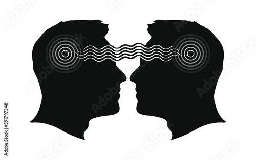 Telepathy, hypothetical transmission of thoughts between individuals through the use of the human brain and could be used as a form of therapy to help regulate brain, vector illustration