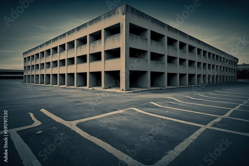 n empty parking lot with a large building in the background. Generative AI