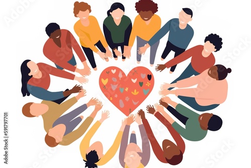 minimalist illustration of a diverse group of people holding hands in a circle, with a heart at the center, support and unity concept