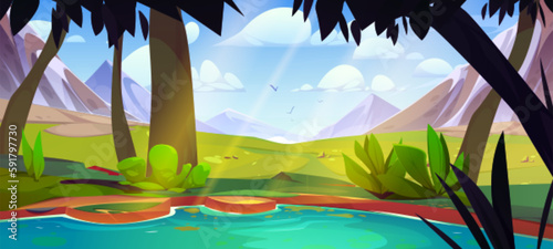 Summer mountain with lake green nature landscape background. Water in river near meadow and tree scene illustration. Sunny alps with cloud sky, flying birds to travel outdoor in peaceful mountains.
