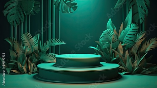 3d background products display podium. background vector 3d rendering with podium. Stage showcase on pedestal display jungle style background studio, generative AI