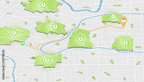 Location tracks dashboard. Path turns and destination tag or mark. Huge city top view. Tracking path and route planning from home to office. Determining location on plan of abstract Isometric city