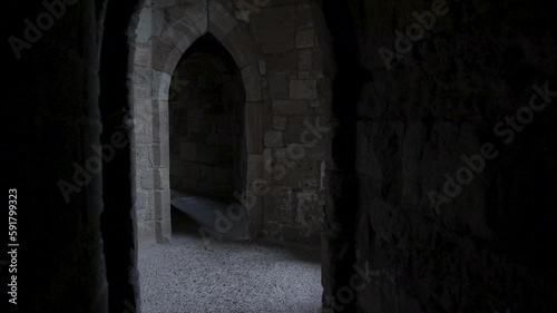 POV walking through the stone corridors in a medieval Castle