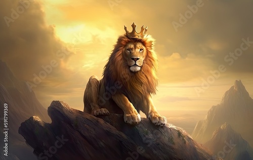 lion is the king of beasts  ion stands majestically on the rock  with a golden crown on his head  generative ai