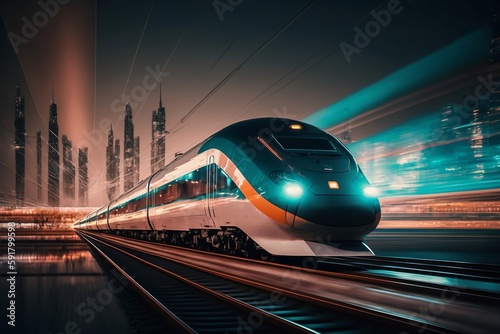High-speed train with a blurred cityscape in the background, Generative Ai