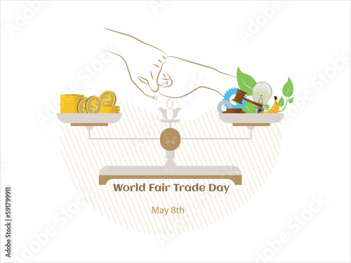 International Fair Trade Day.balance with coins on one side and products and fair product fundamentals.May 8.