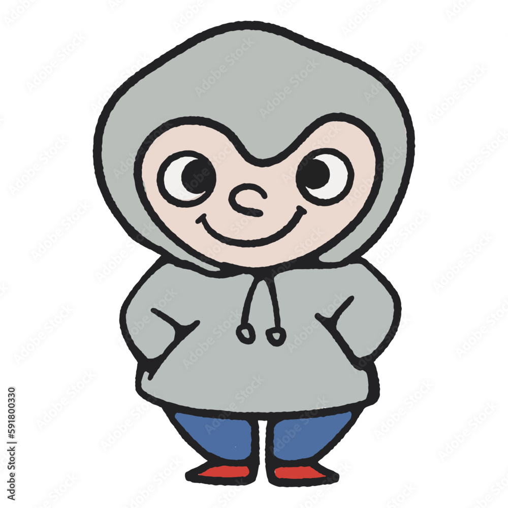 Hand drawn funny little boy with hoodie jacket cartoon illustration