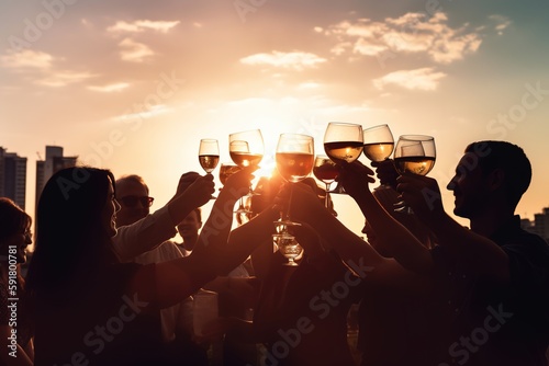 A group of diverse friends enjoying a festive National Wine Day celebration on a rooftop terrace, clinking their wine glasses together in a toast against a beautiful city skyline backdrop