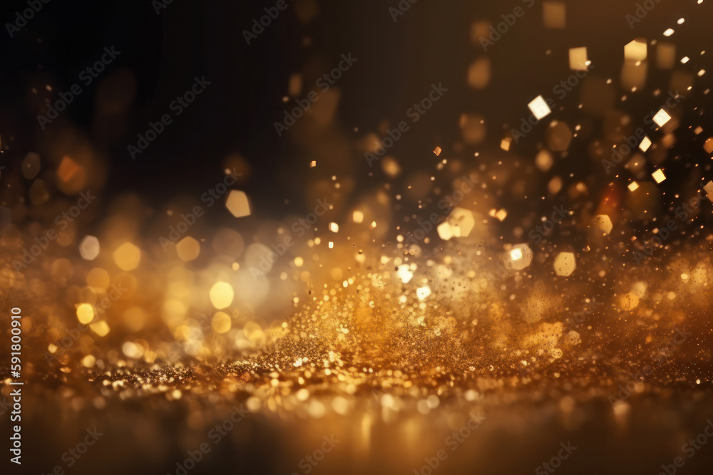 Abstract Twinkly Lights with golden glitter particles and bokeh lights. Bright futuristic texture for Christmas and luxury party. AI Generative.