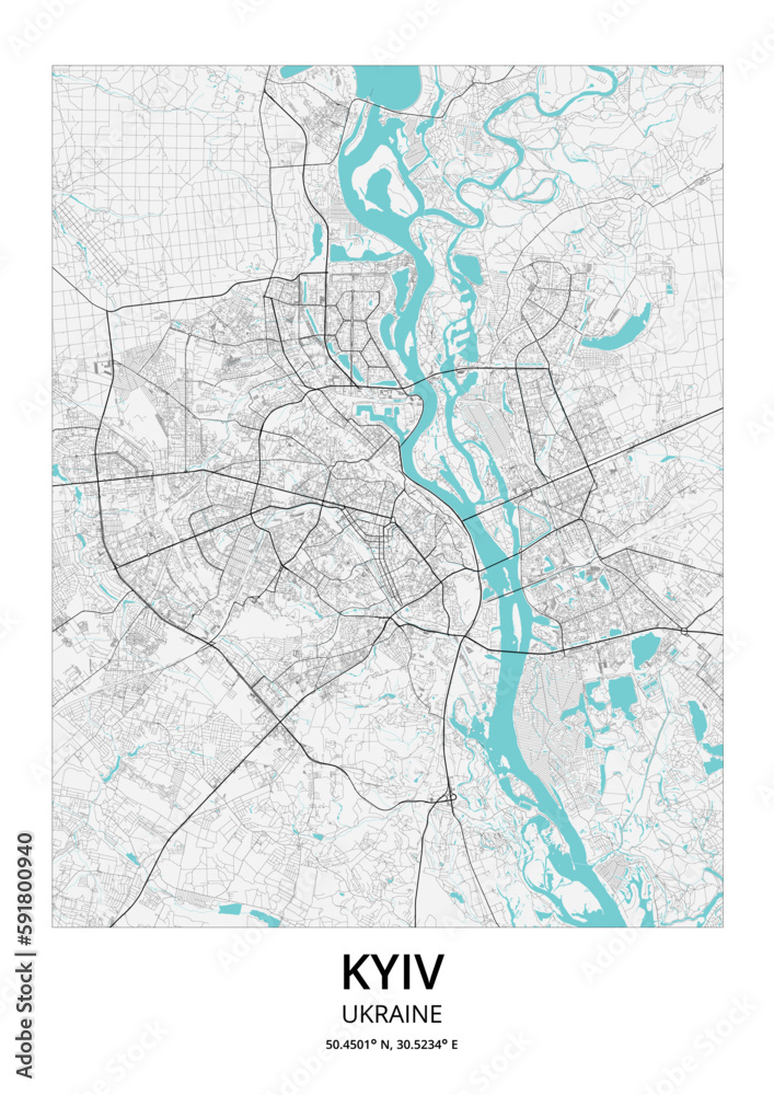 Street map art of Kyiv city in Ukraine. Road map of Kiev (UA). Black ...