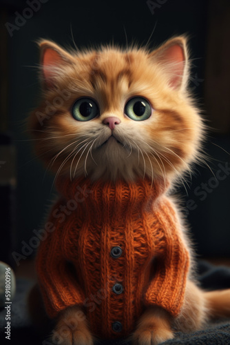 Cute little cat with a knitted sweater generative ai