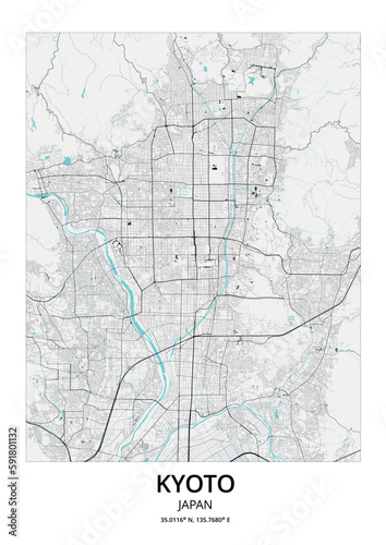 Street map art of Kyoto city in Japan. Road map of Kyoto. Black and white  blue  illustration of Japan streets. Printable poster.