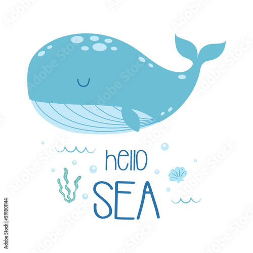 cute card with cartoon whale and seaweed