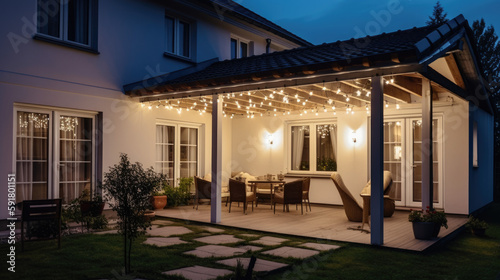 baeautiful terrace of beautiful suburban house 4 with patio , wicker furniture and lights, Summer evening concept © Sakura