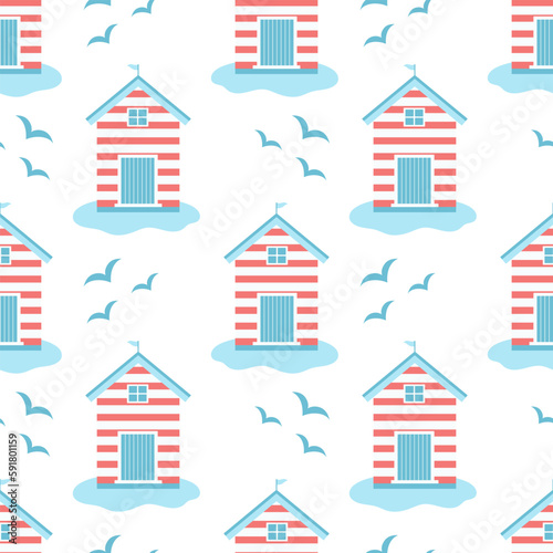 vector seamless pattern with cartoon beach house