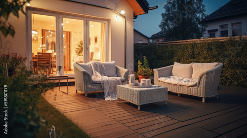 baeautiful terrace of beautiful suburban house 3 with patio , wicker furniture and lights, Summer evening concept