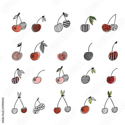 Collection of linear botanical sketches of cherry fruit and berry halves.Vector graphics.