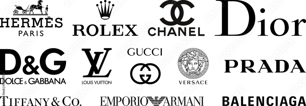 Condición Gárgaras celebrar Luxury clothing brands black logo set. Hermes, Rolex, Chanel, Dior, Dolce  Gabbana, Louis Vuitton, Gucci, Versace, Prada, Tiffany, Armani, Balenciaga.  Vector editorial illustration Stock Vector | Adobe Stock