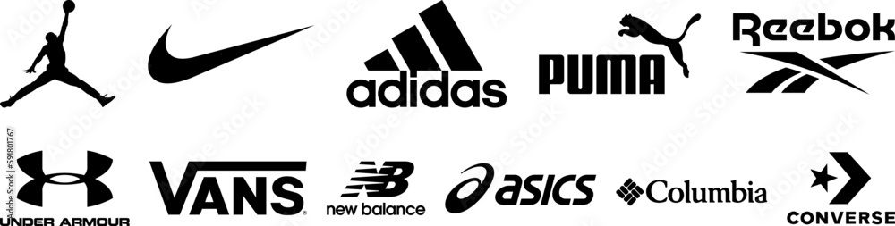 Sportswear shoe brands black logo set. Air Jordan, Nike, Adidas, Puma,  Reebok, Under Armour, Vans, New Balance, Asics, Columbia, Converse. Vector  editorial illustration Stock ベクター | Adobe Stock
